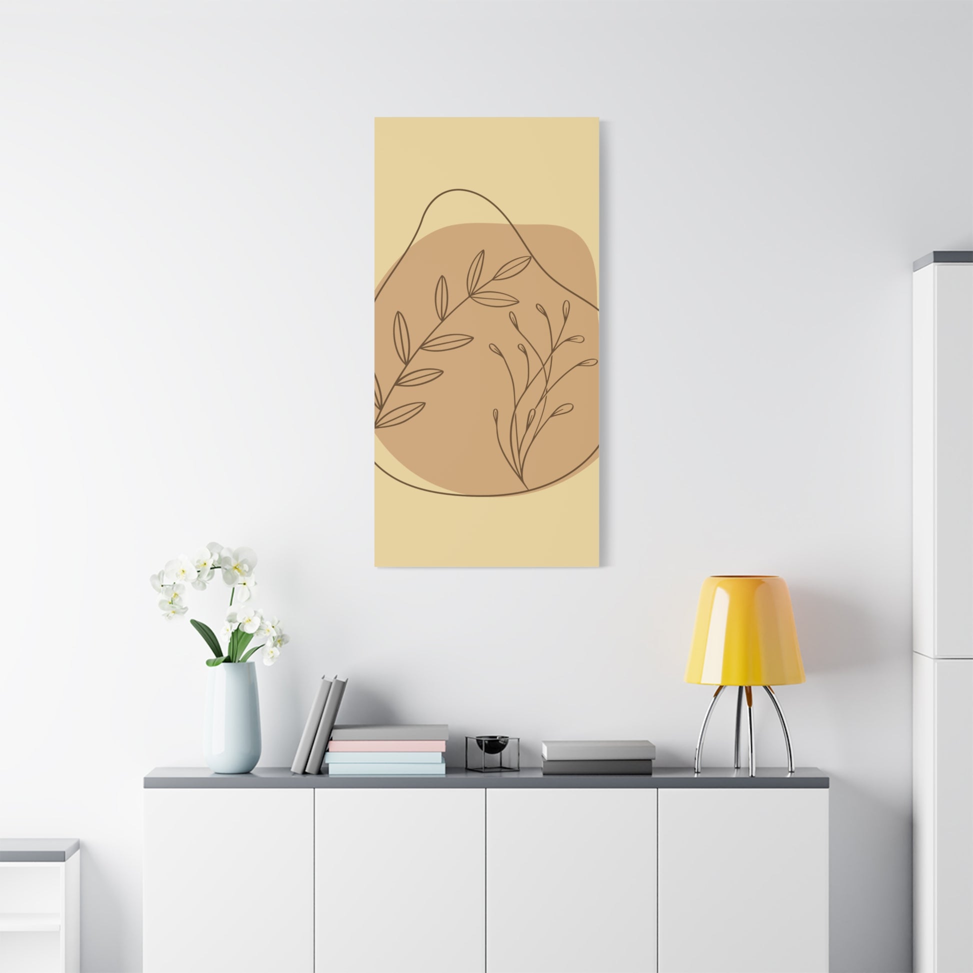 TEEZOCA soft beige watercolor plant art framed beside a modern nightstand.