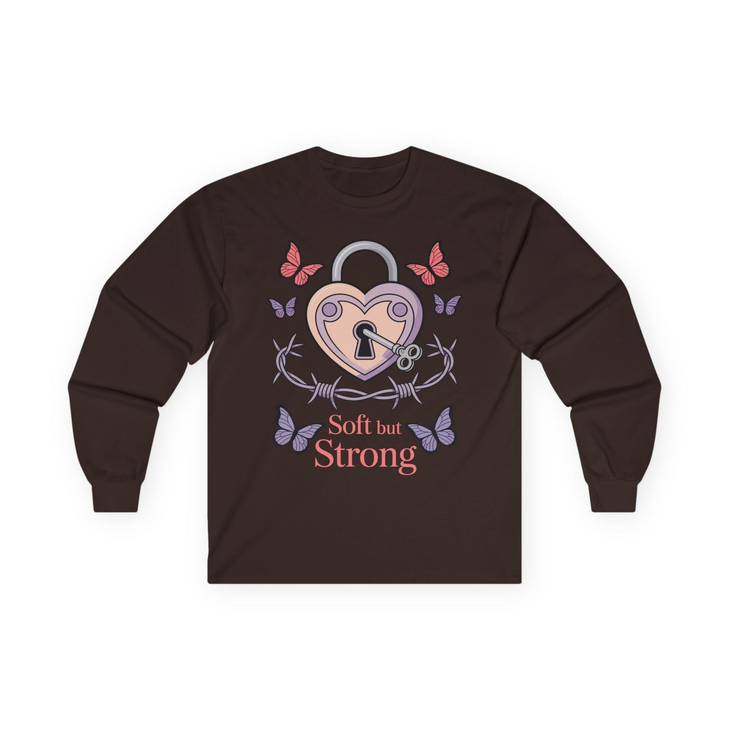 TEEZOCA soft but strong butterfly heart illustration on unisex long-sleeve t-shirt Brown long-sleeve shirt with heart and lock design and 'Soft but Strong' text on a white background