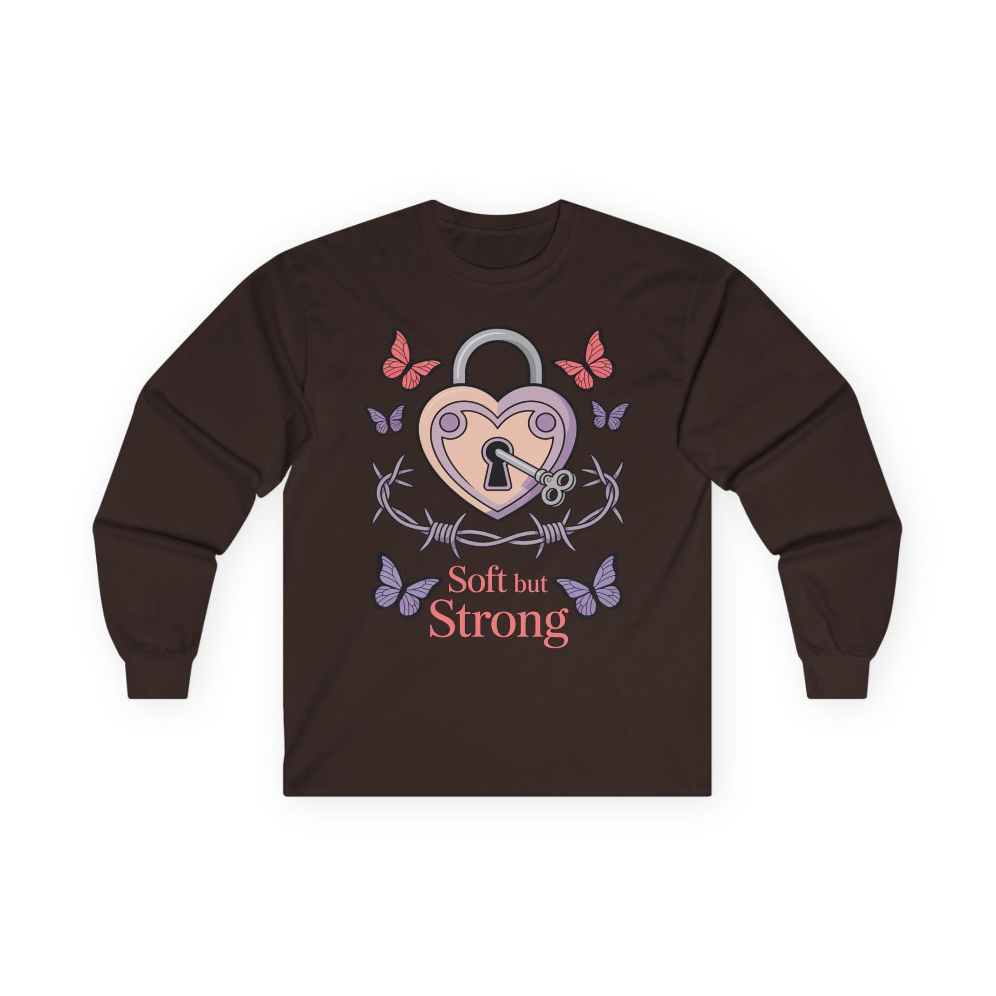 TEEZOCA soft but strong butterfly heart illustration on unisex long-sleeve t-shirt Brown long-sleeve shirt with heart and lock design and 'Soft but Strong' text on a white background