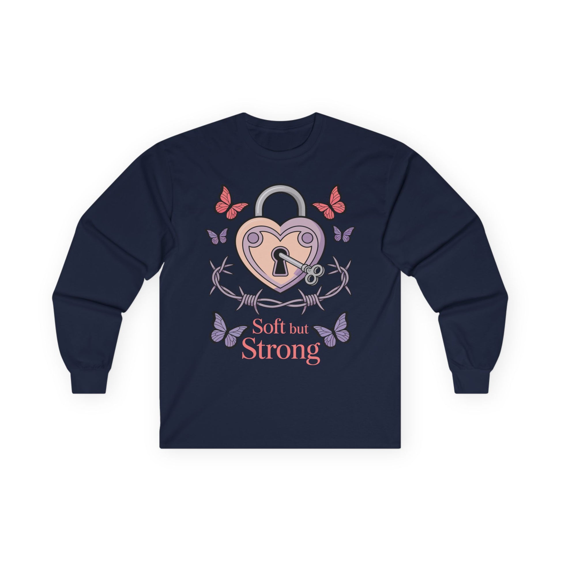 TEEZOCA soft but strong heart lock design on unisex long-sleeve t-shirt Navy blue long-sleeve shirt with heart-shaped lock design and 'Soft but Strong' text on a white background