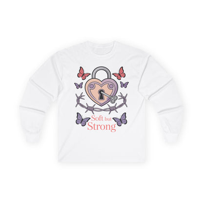 TEEZOCA soft but strong heart lock design on unisex long-sleeve t-shirt White sweatshirt with a heart-shaped lock design and butterflies on a white background
