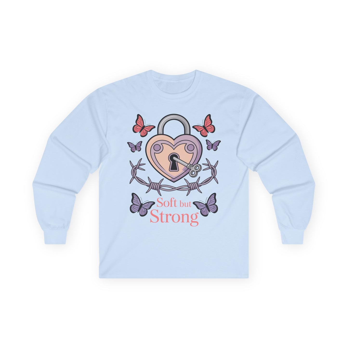 TEEZOCA soft but strong heart padlock artwork on unisex long-sleeve t-shirt Light blue sweatshirt with heart lock design and butterflies on a white background