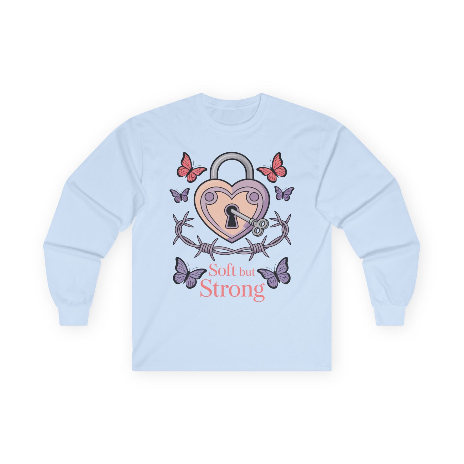TEEZOCA soft but strong heart padlock artwork on unisex long-sleeve t-shirt Light blue sweatshirt with heart lock design and butterflies on a white background