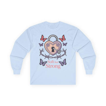TEEZOCA soft but strong heart padlock artwork on unisex long-sleeve t-shirt Light blue sweatshirt with heart lock design and butterflies on a white background