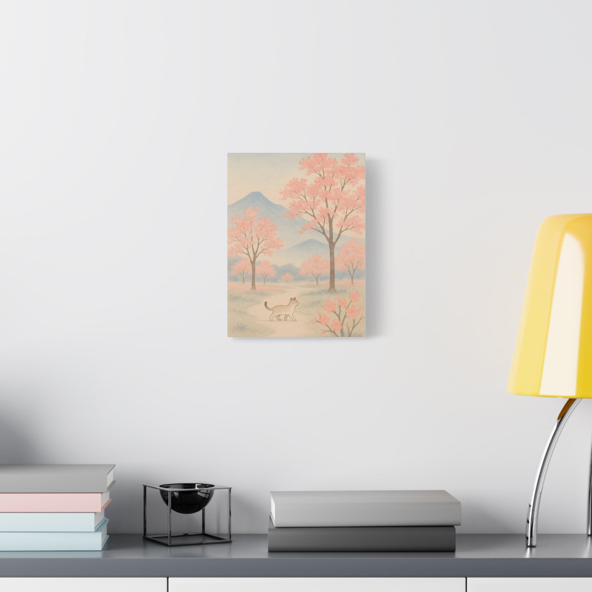 TEEZOCA soft cherry blossom wall art with cat character styled
