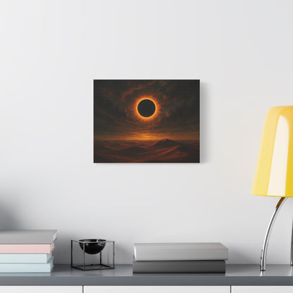 TEEZOCA solar eclipse desert canvas hanging above a minimalist couch in a bright living room.