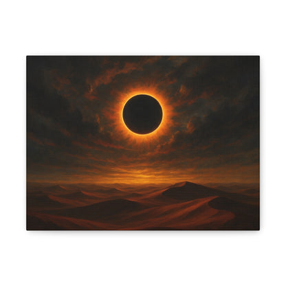 TEEZOCA solar eclipse over desert dunes canvas wall art shown close up.