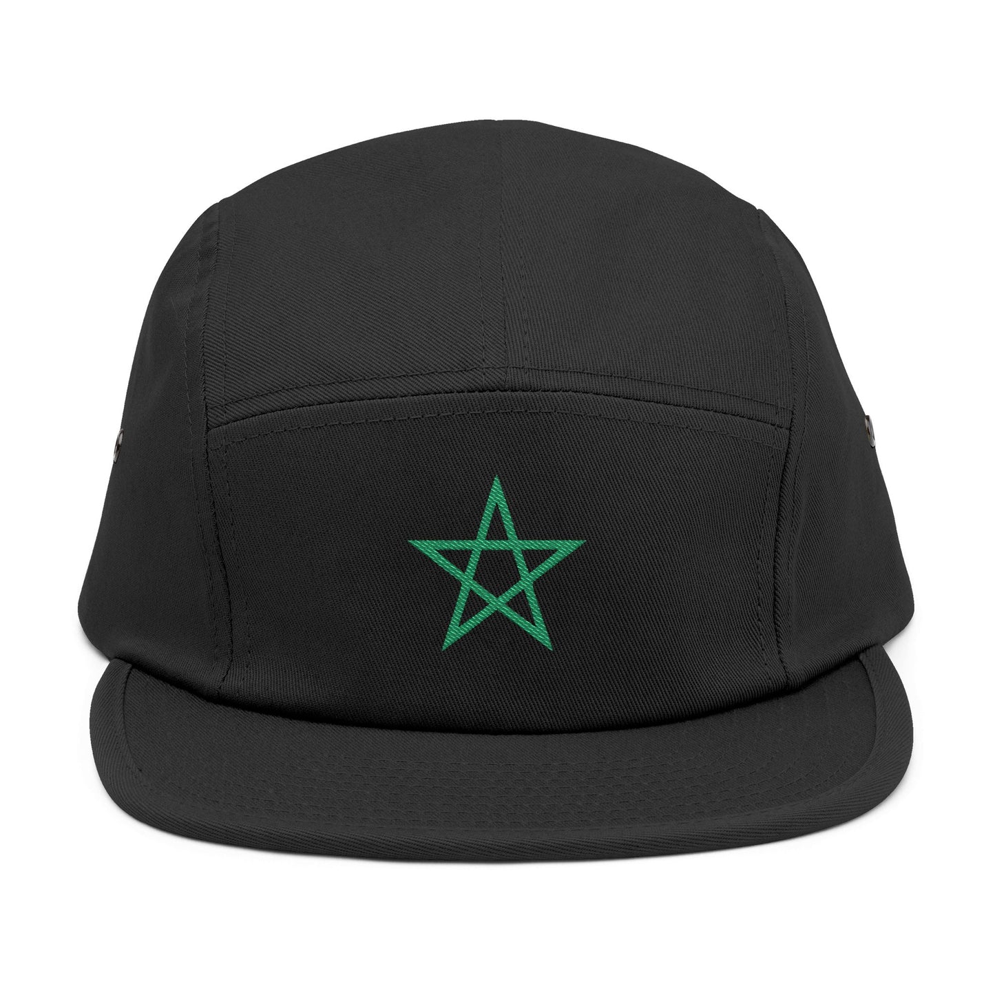 TEEZOCA solid black 5-panel camper cap featuring the embroidered green Moroccan star shown front-facing.