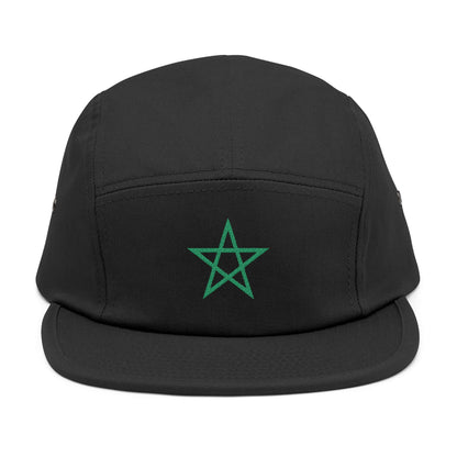 TEEZOCA solid black 5-panel camper cap featuring the embroidered green Moroccan star shown front-facing.
