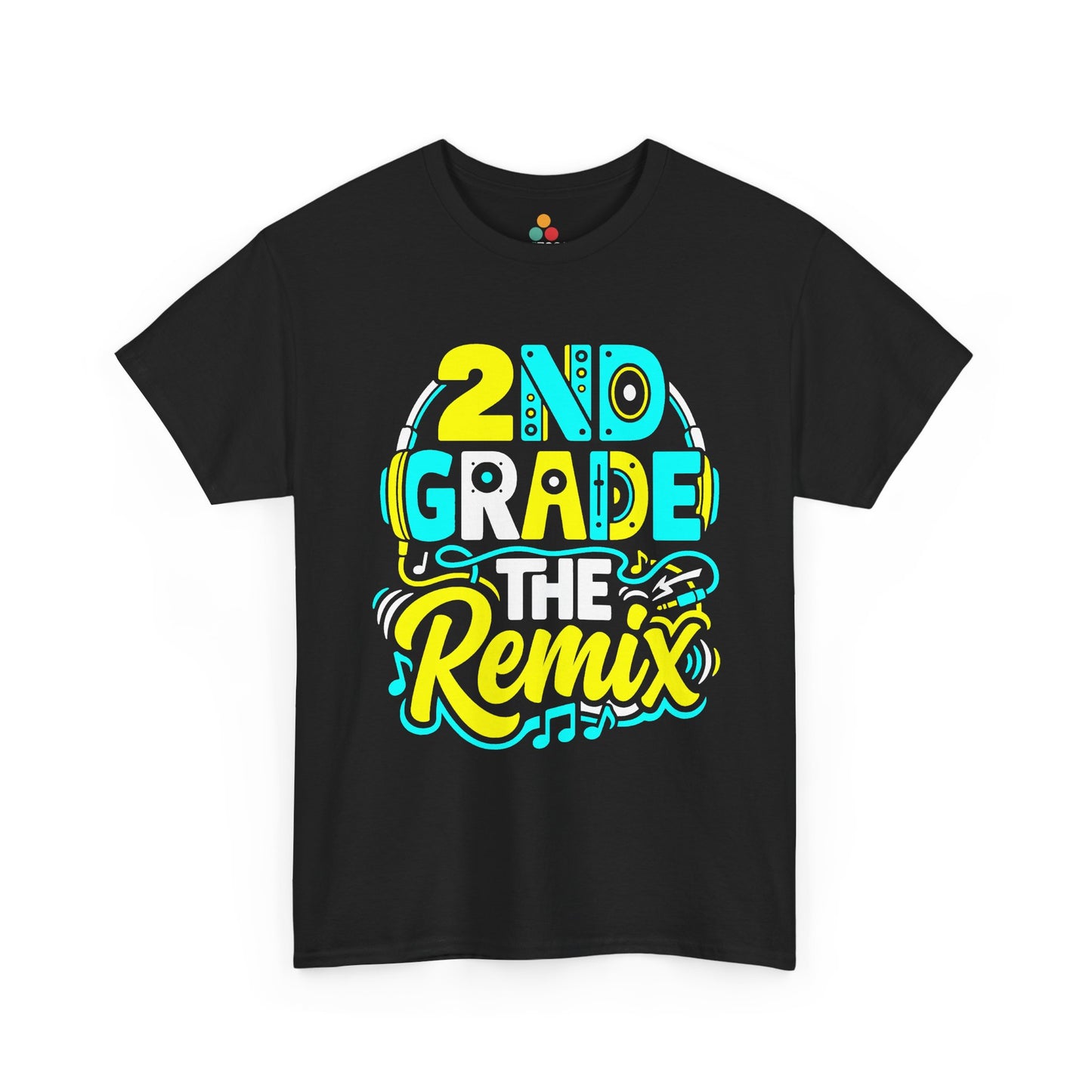 TEEZOCA solid black T-shirt featuring a neon yellow and cyan "2nd Grade The Remix" DJ headphones graphic shown flat.