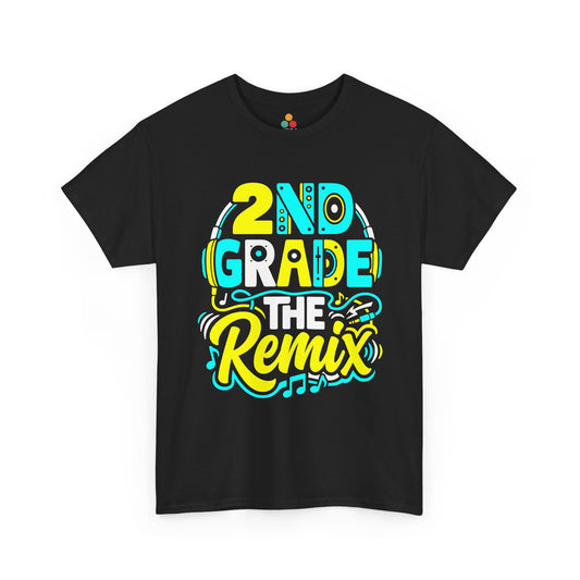 TEEZOCA solid black T-shirt featuring a neon yellow and cyan "2nd Grade The Remix" DJ headphones graphic shown flat.