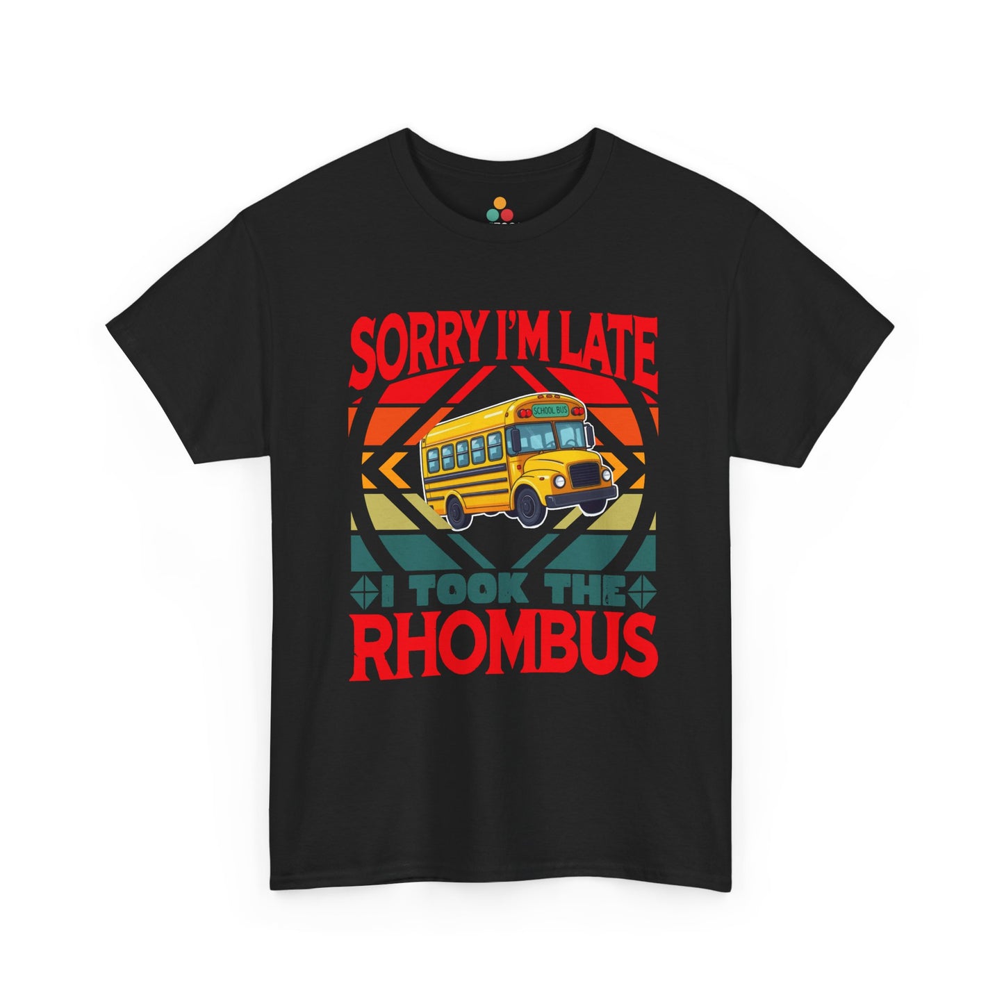 TEEZOCA solid black T-shirt featuring a retro sunset school bus graphic and funny "Sorry I'm Late I Took The Rhombus" text shown flat.