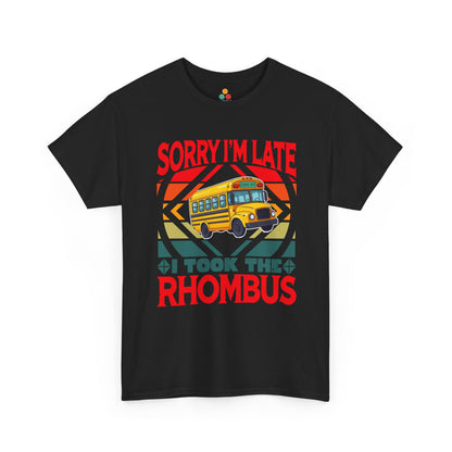 TEEZOCA solid black T-shirt featuring a retro sunset school bus graphic and funny "Sorry I'm Late I Took The Rhombus" text shown flat.