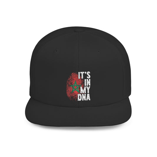 TEEZOCA solid black flat bill snapback hat featuring the embroidered Moroccan DNA front design shown front-facing. Embroidered Moroccan DNA Fingerprint Snapback Hat – National Soccer Supporter Cap