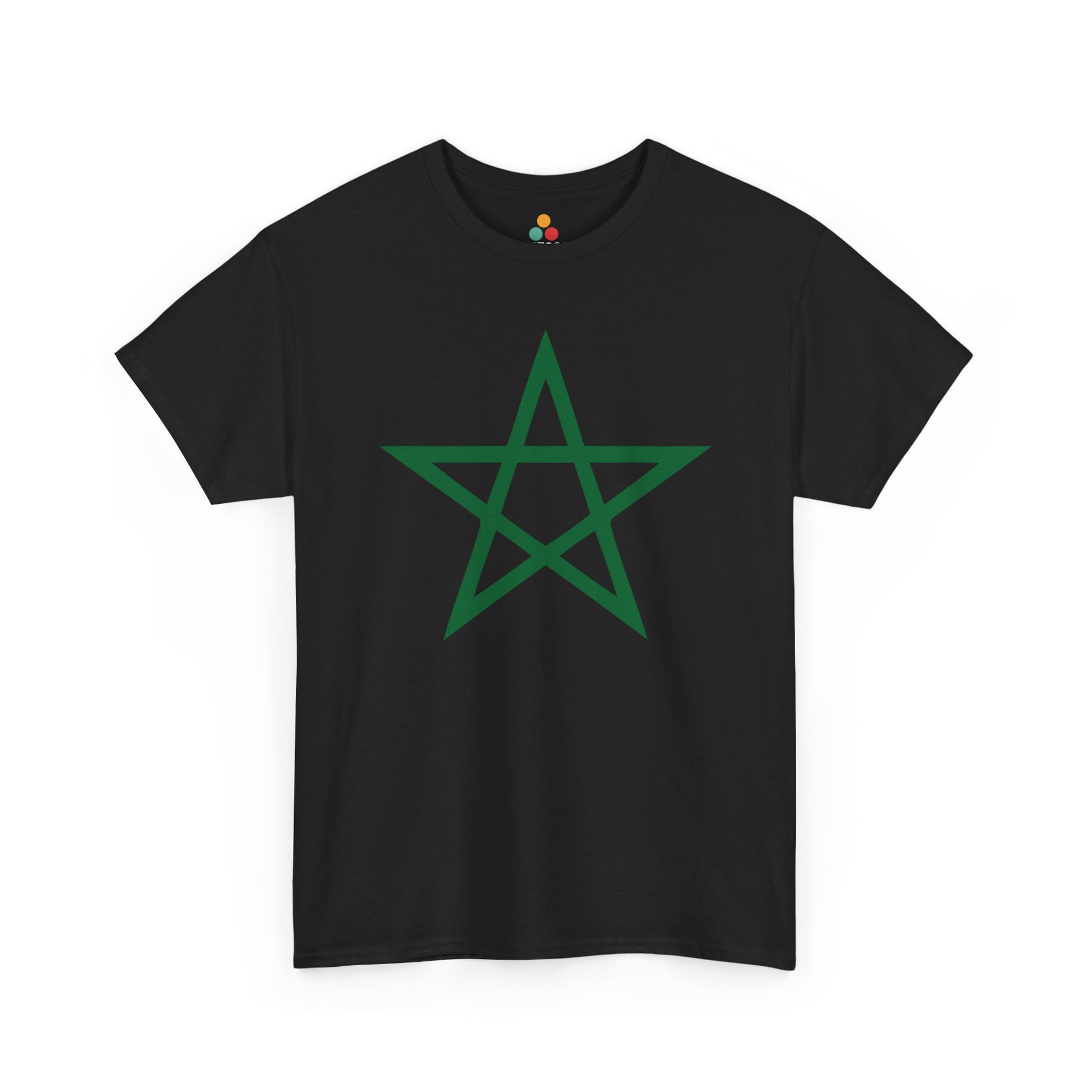 TEEZOCA solid black short-sleeve shirt with the contrast green Moroccan star national design. Classic Morocco Flag Shirt Moroccan Soccer Supporter Gift for Men and Women.