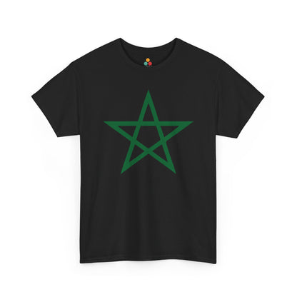 TEEZOCA solid black short-sleeve shirt with the contrast green Moroccan star national design. Classic Morocco Flag Shirt Moroccan Soccer Supporter Gift for Men and Women.