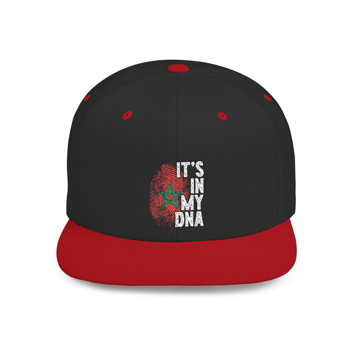 TEEZOCA solid black snapback hat with a contrast red brim featuring the stitched It's In My DNA design.