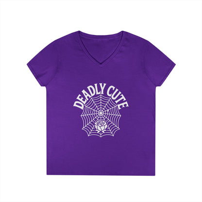 Deadly Cute Spiderweb Rose Ladies’ V-Neck T-Shirt Gothic Design | TEEZOCA 