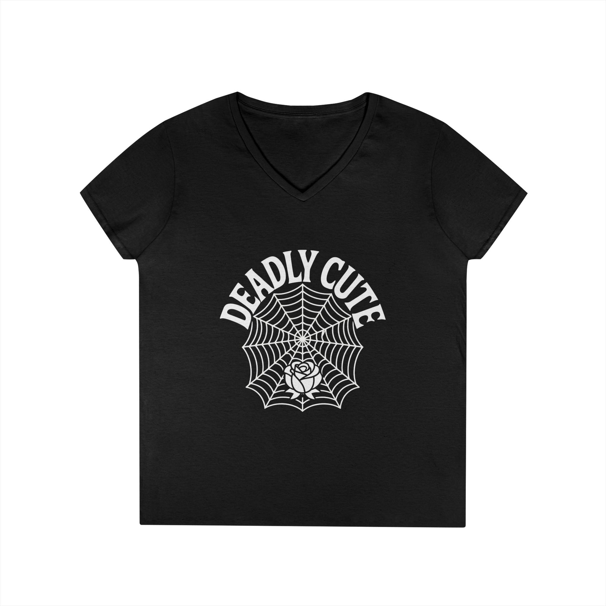 Deadly Cute Spiderweb Rose Ladies’ V-Neck T-Shirt Gothic Design | TEEZOCA 