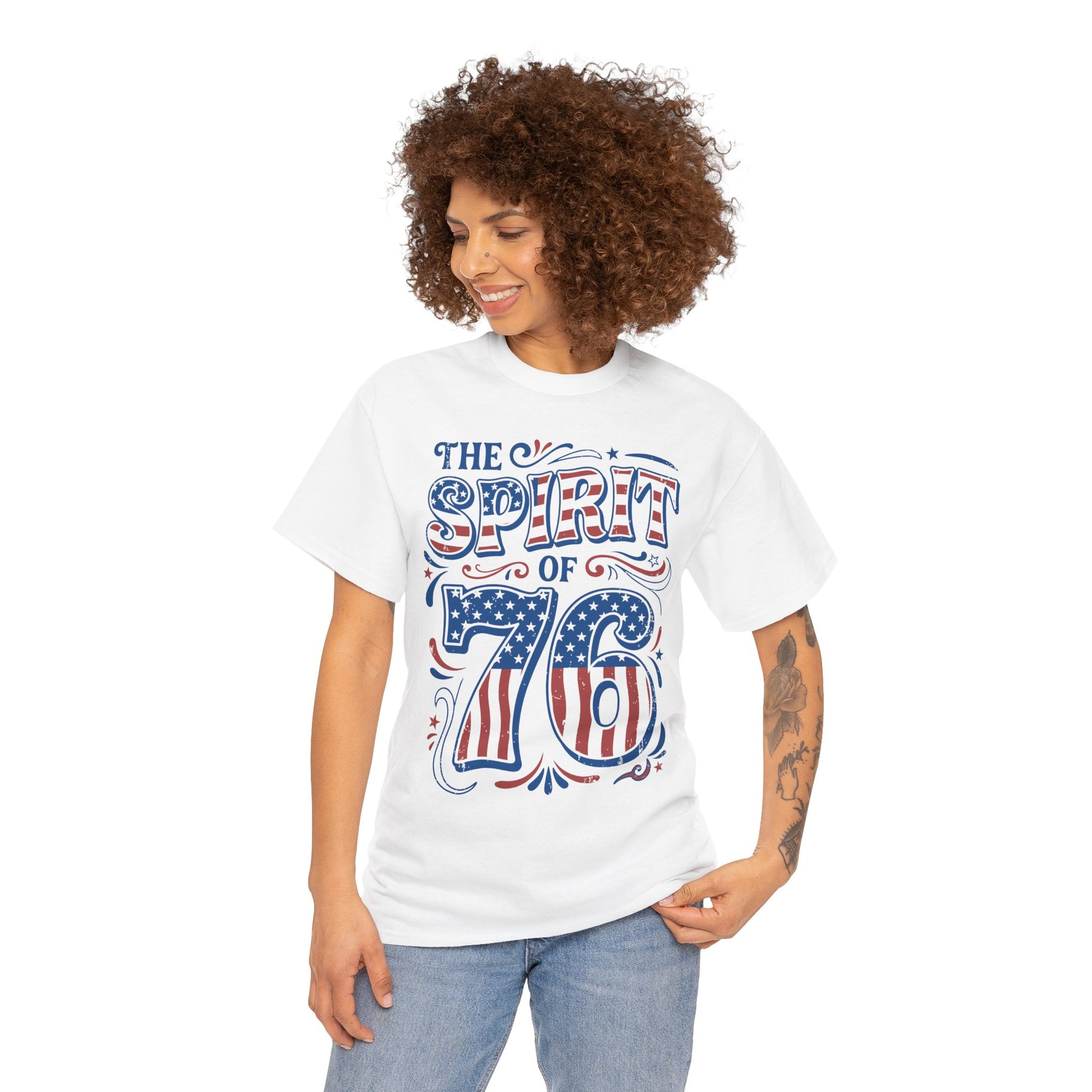 TEEZOCA spirit of 76 shirt T-shirt with vintage Americana lettering, flag-filled 76 numbers, stars, and distressed poster style.
