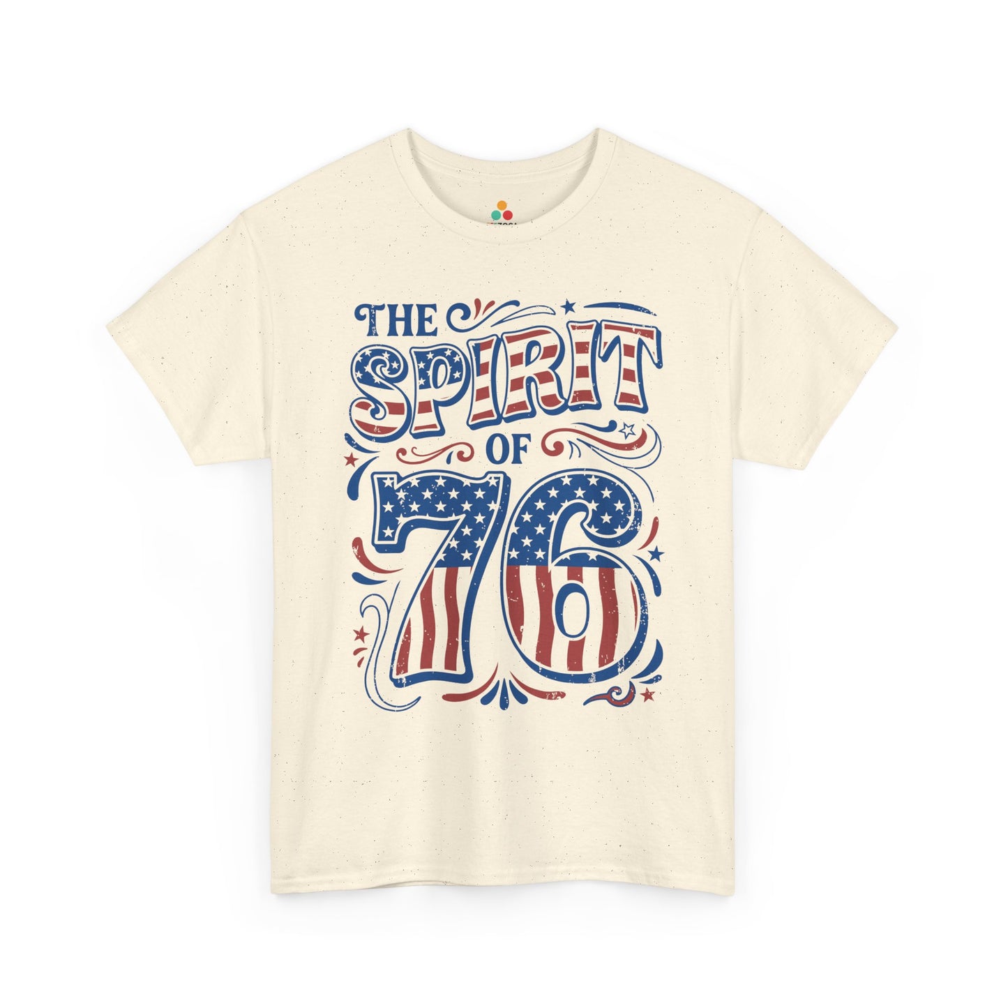 TEEZOCA spirit of 76 t shirt design with bold 1776-inspired numbers and vintage American poster lettering.

