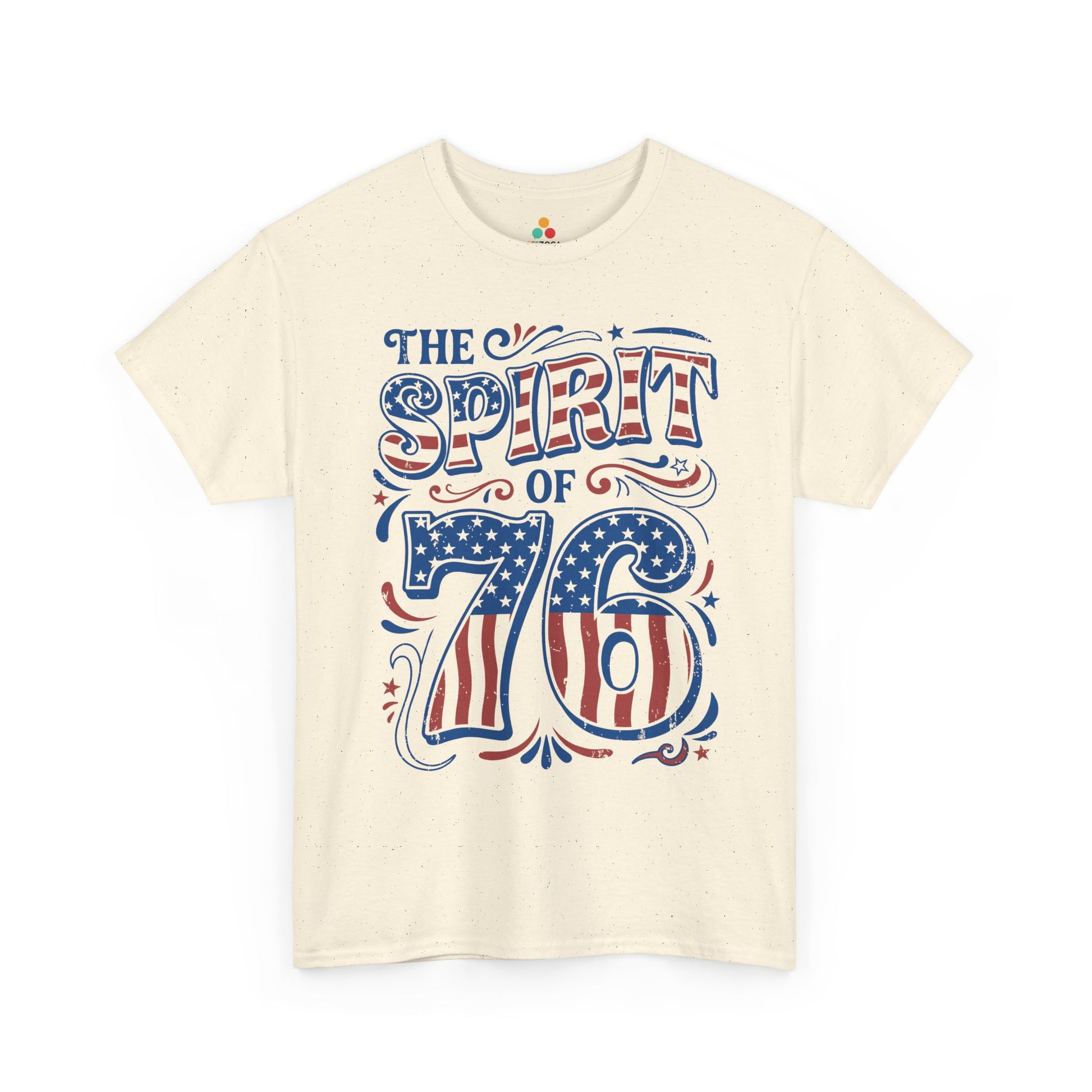 TEEZOCA spirit of 76 t shirt design with bold 1776-inspired numbers and vintage American poster lettering.
