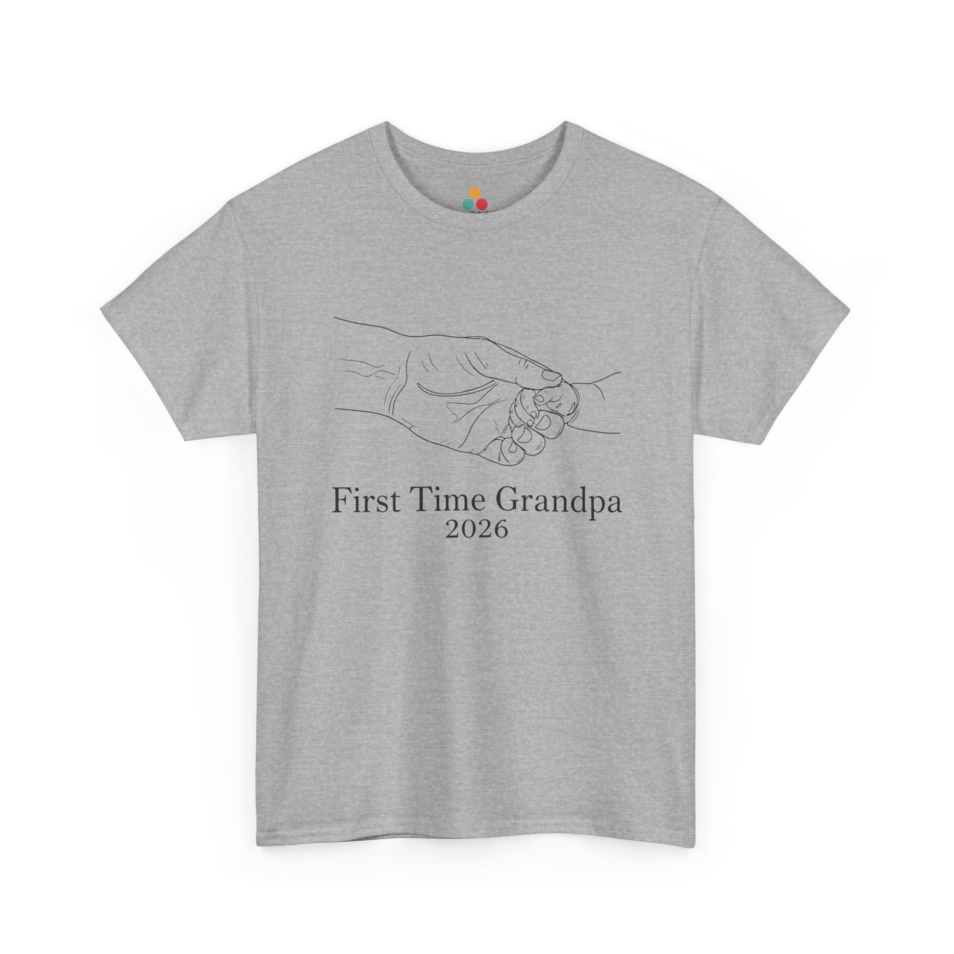 TEEZOCA sport grey “First Time Grandpa 2026” line-art t-shirt shown flat.