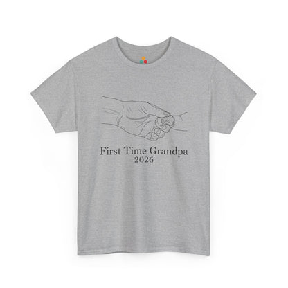 TEEZOCA sport grey “First Time Grandpa 2026” line-art t-shirt shown flat.