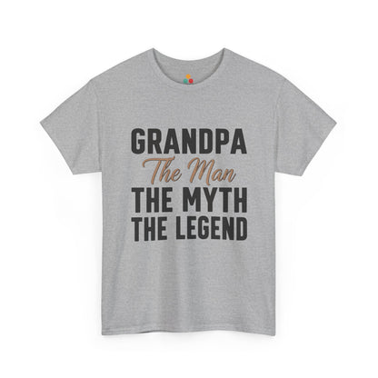 TEEZOCA sport grey “Grandpa The Man The Myth The Legend” bold text t-shirt shown flat.
