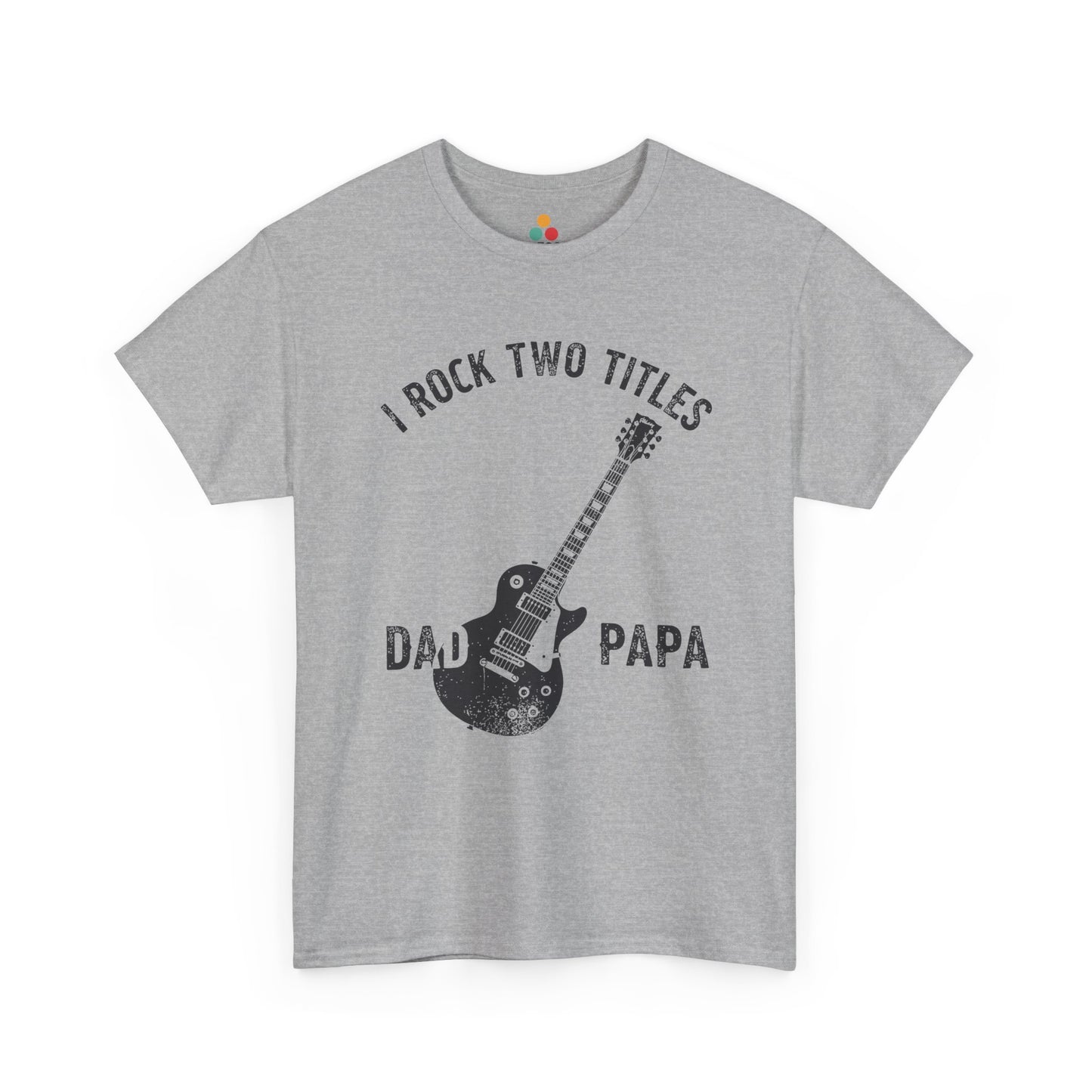 TEEZOCA sport grey “I Rock Two Titles Dad Papa” distressed guitar tee shown flat.
