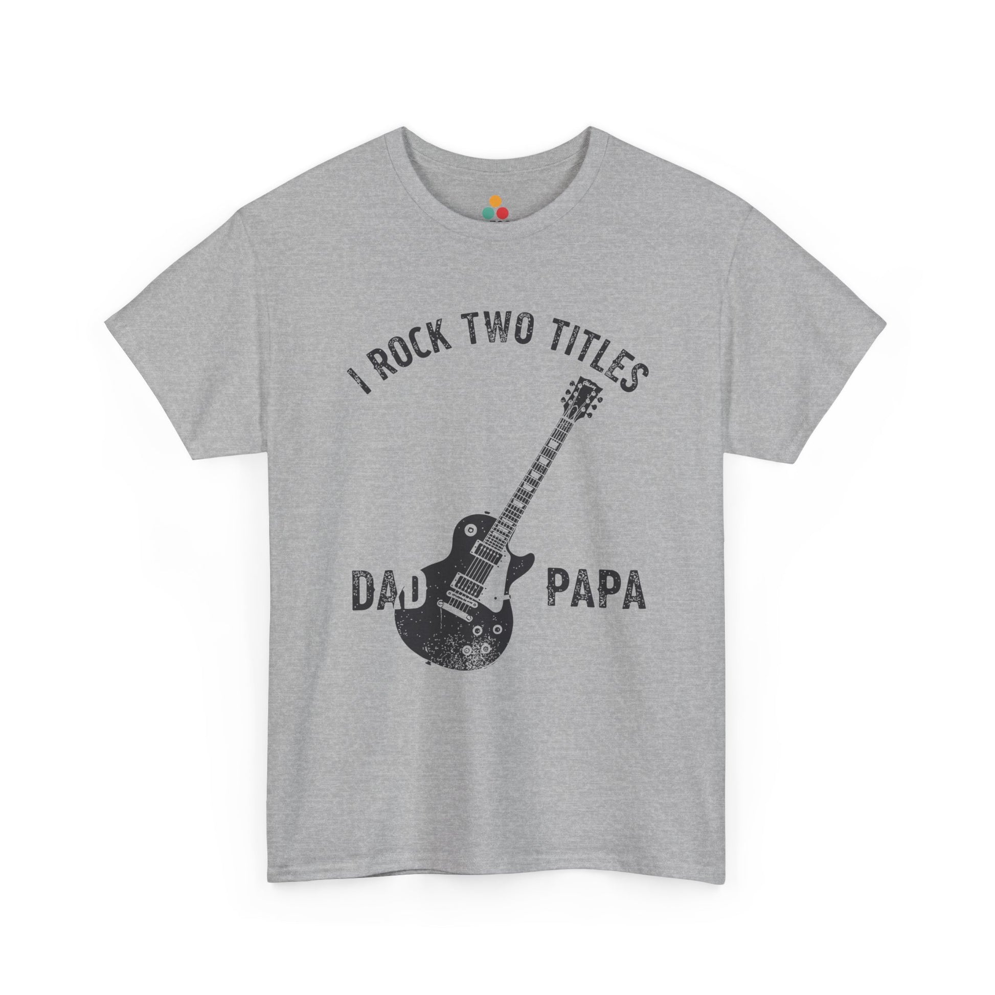 TEEZOCA sport grey “I Rock Two Titles Dad Papa” distressed guitar tee shown flat.
