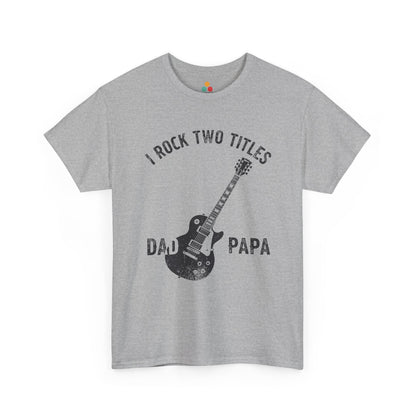 TEEZOCA sport grey “I Rock Two Titles Dad Papa” distressed guitar tee shown flat.
