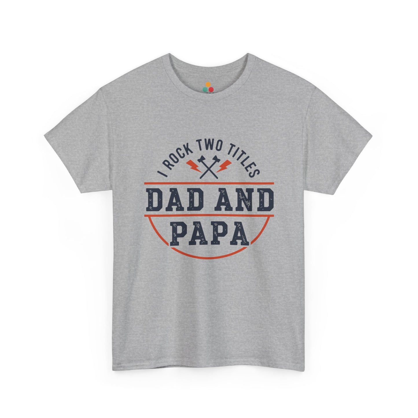 TEEZOCA sport grey “I Rock Two Titles Dad and Papa” funny family pride t-shirt shown flat.