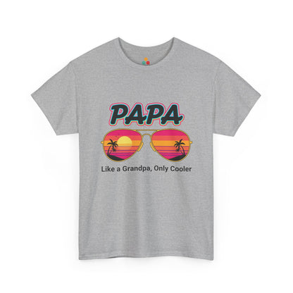TEEZOCA sport grey “Papa Like a Grandpa Only Cooler” funny grandparent t-shirt shown flat.
