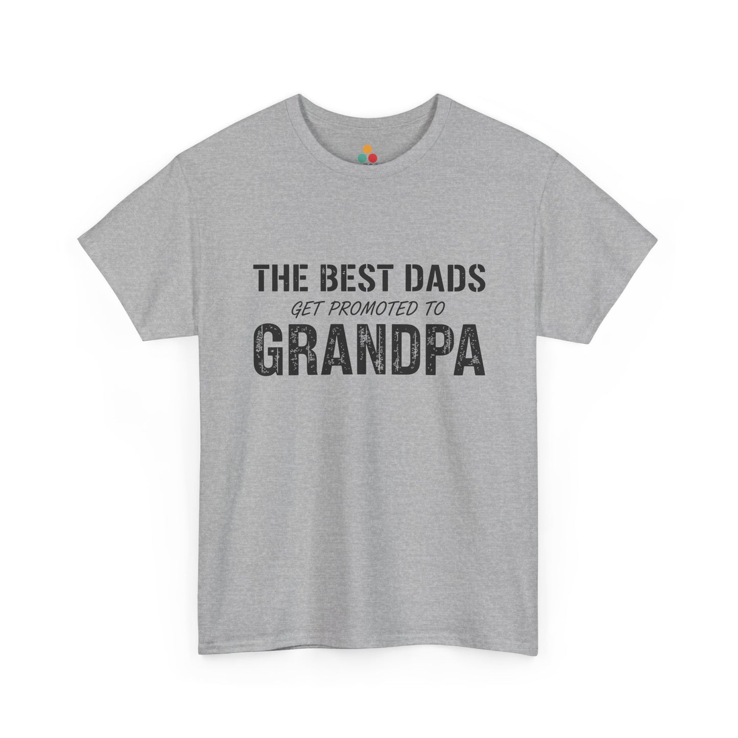 TEEZOCA sport grey “The Best Dads Get Promoted to Grandpa” distressed text tee shown flat.