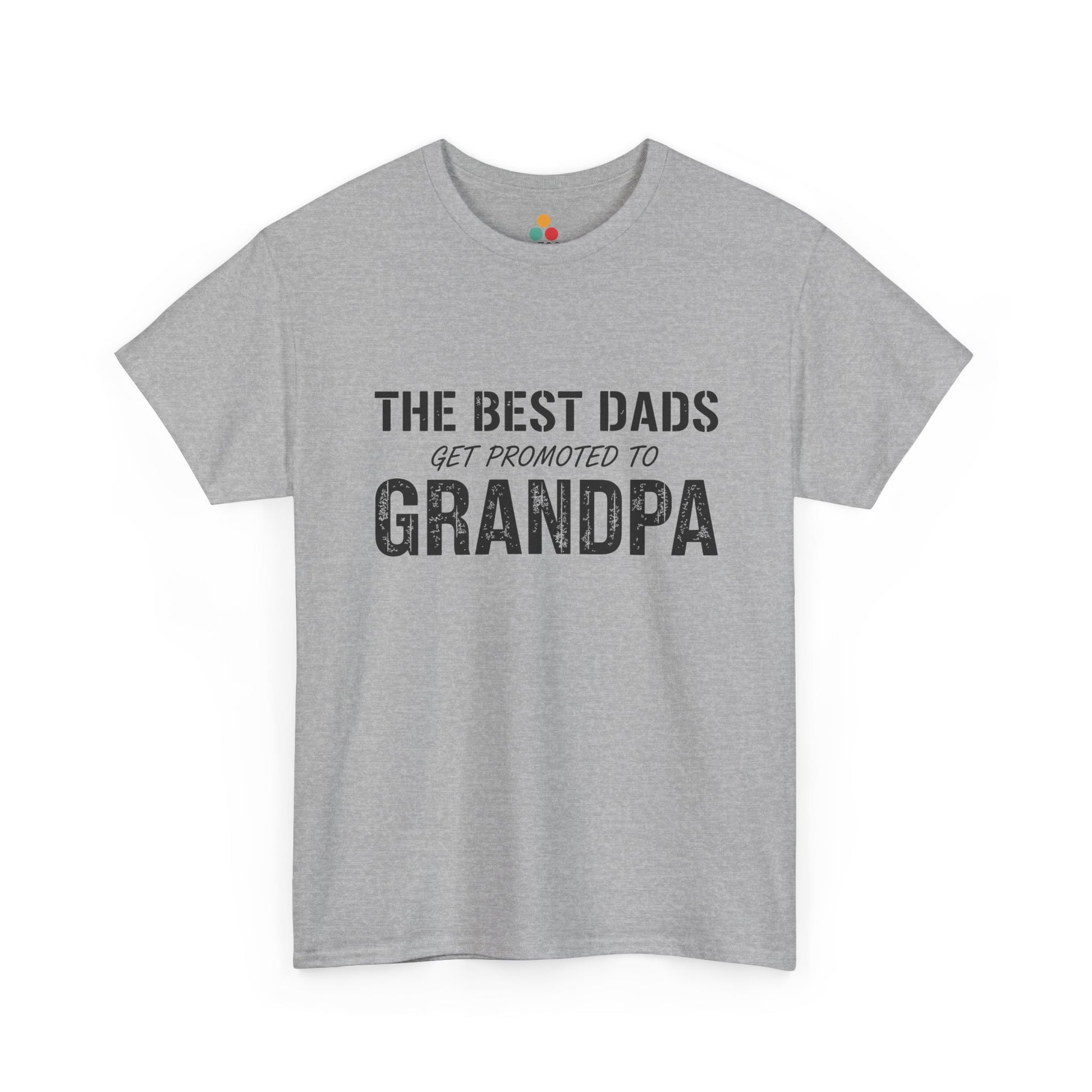 TEEZOCA sport grey “The Best Dads Get Promoted to Grandpa” distressed text tee shown flat.