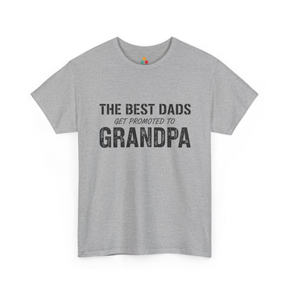 TEEZOCA sport grey “The Best Dads Get Promoted to Grandpa” distressed text tee shown flat.