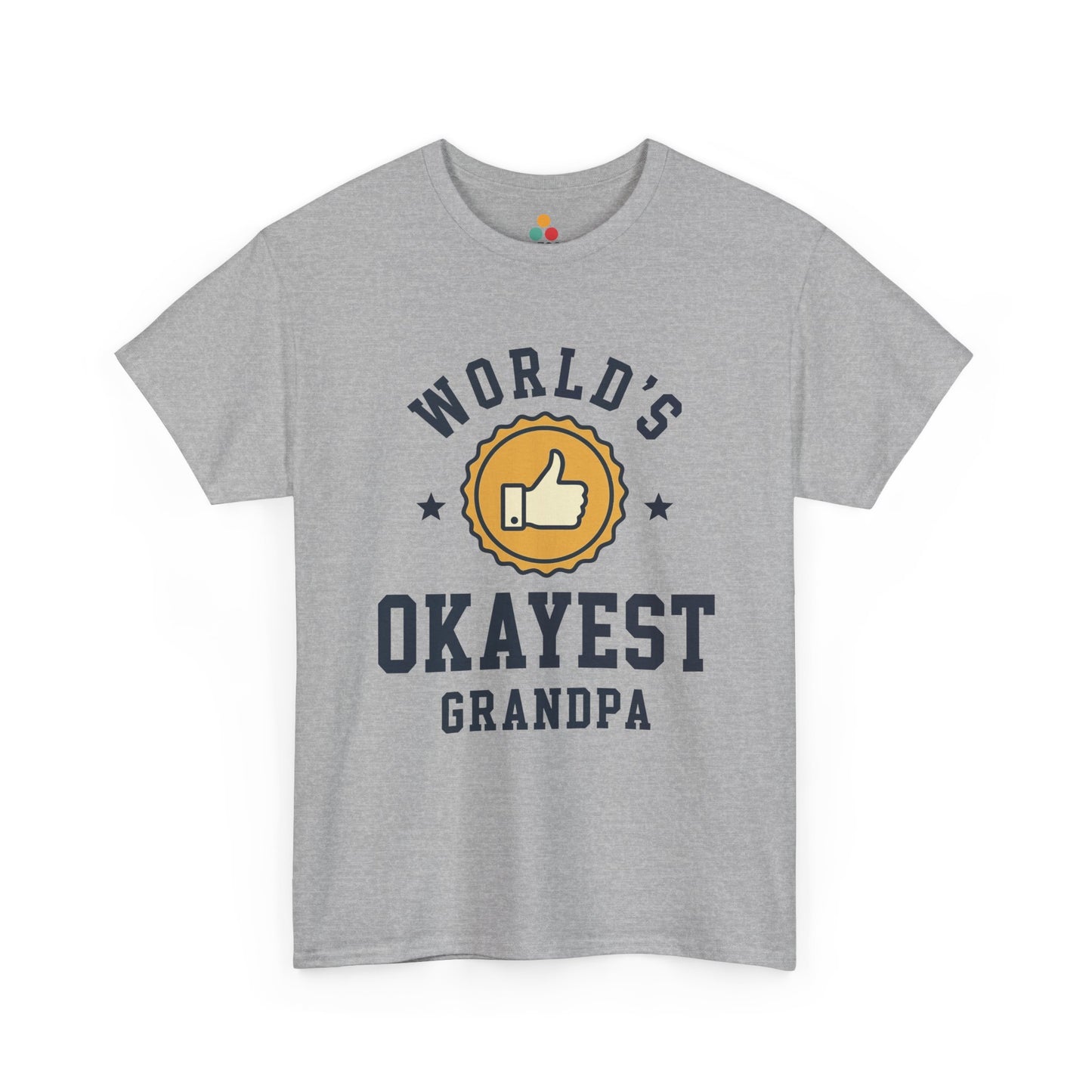 TEEZOCA sport grey “World’s Okayest Grandpa” medal badge graphic tee shown flat.