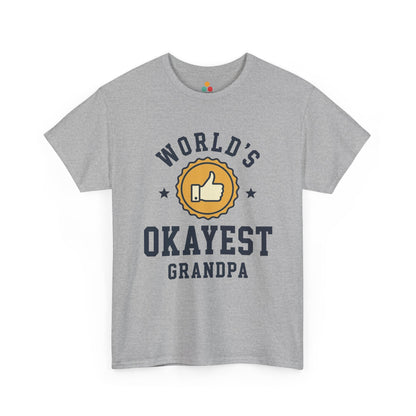 TEEZOCA sport grey “World’s Okayest Grandpa” medal badge graphic tee shown flat.