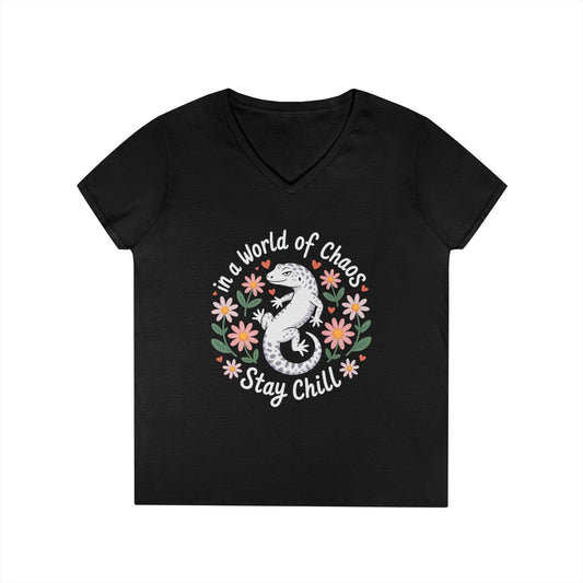 TEEZOCA stay chill gecko V-Neck T-Shirt floral cute design In a World of Chaos Stay Chill Women’s V-Neck T-Shirt Cute Gecko | TEEZOCA 