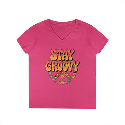 Stay Groovy Retro Peace Sign V-Neck T-Shirt for Women | TEEZOCA 