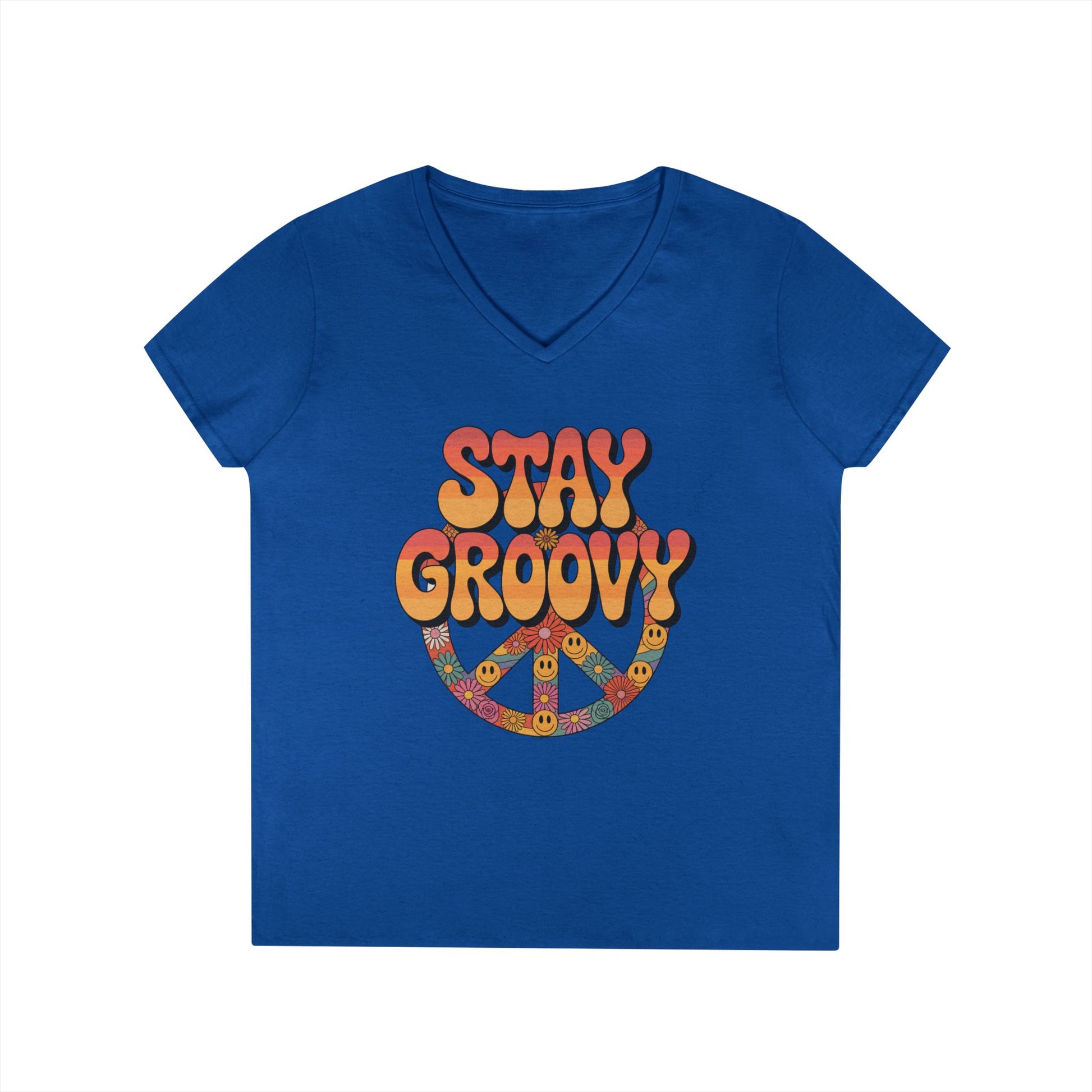Stay Groovy Retro Peace Sign V-Neck T-Shirt for Women | TEEZOCA 