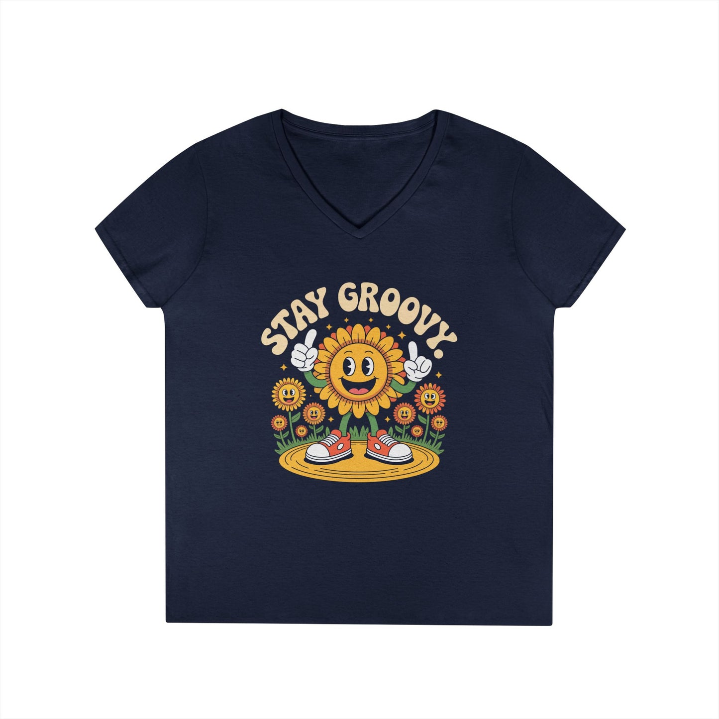 Stay Groovy Smiling Sunflower Graphic V-Neck T-Shirt for Women | TEEZOCA 