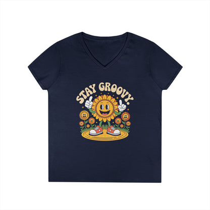 Stay Groovy Smiling Sunflower Graphic V-Neck T-Shirt for Women | TEEZOCA 