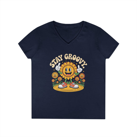 Stay Groovy Smiling Sunflower Graphic V-Neck T-Shirt for Women | TEEZOCA 