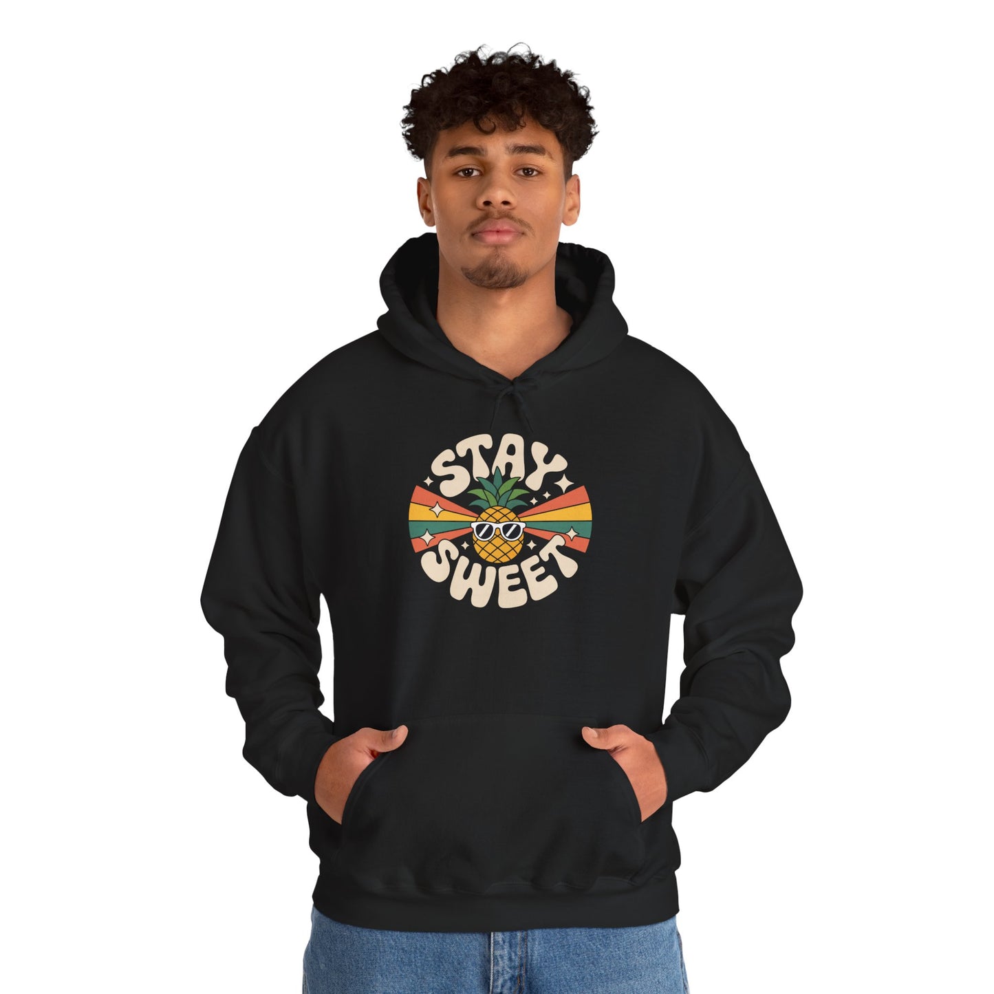 TEEZOCA stay sweet slogan Unisex Heavy Blend Hoodie with colorful rays design - Stay Sweet Pineapple Graphic Unisex Heavy Blend Hoodie | TEEZOCA 