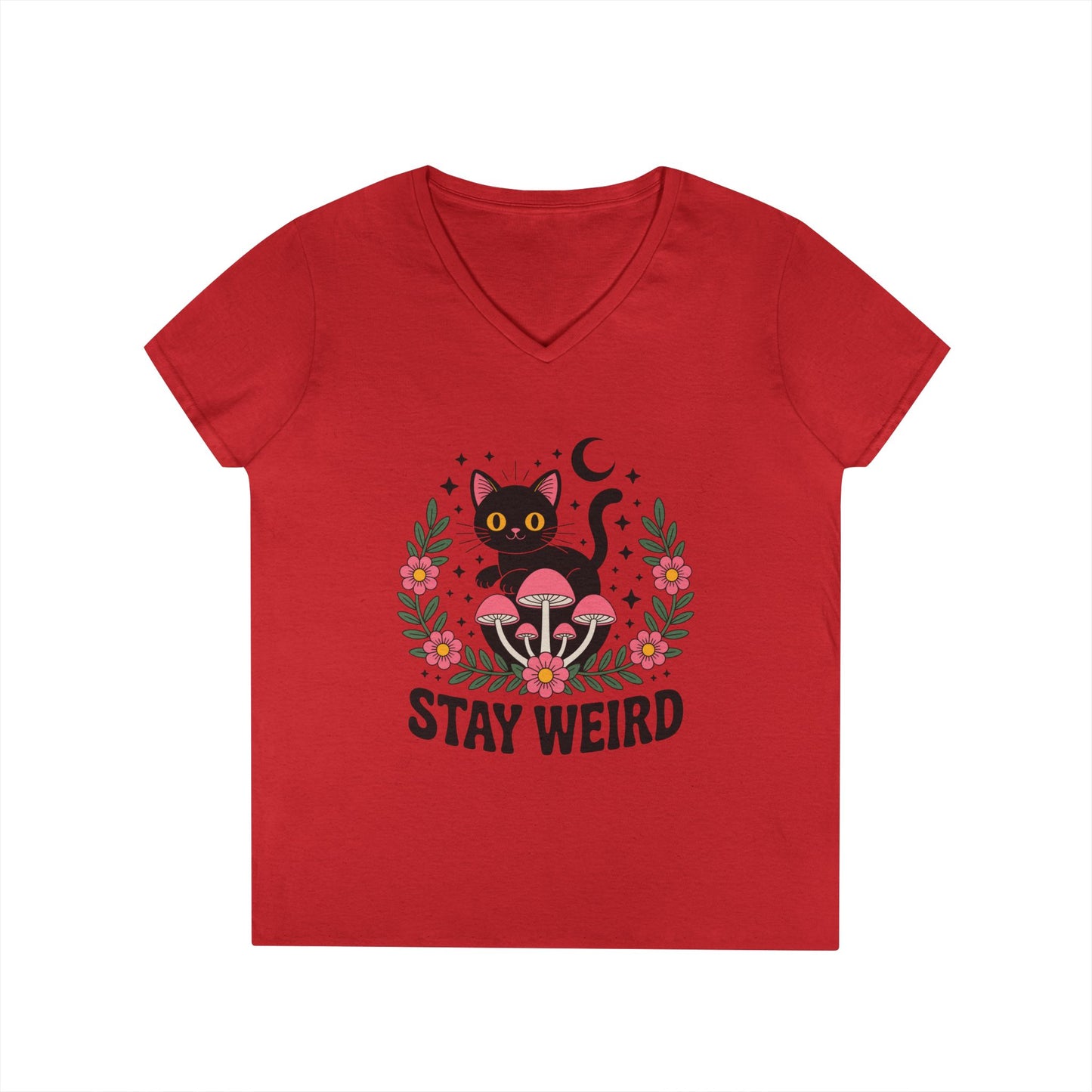 Stay Weird Black Cat V-Neck T-Shirt for Women | Playful Gothic Style | TEEZOCA 
