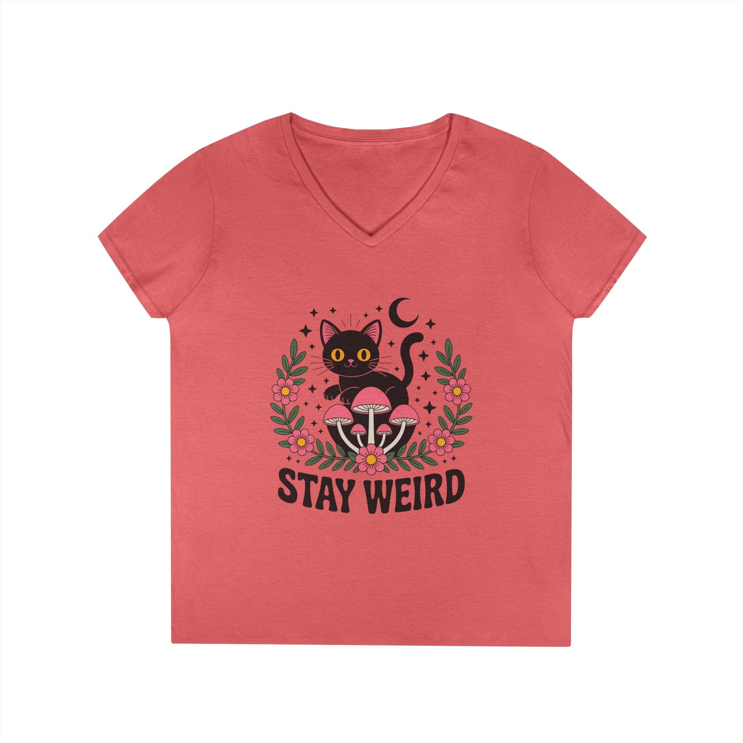 Stay Weird Black Cat V-Neck T-Shirt for Women | Playful Gothic Style | TEEZOCA 