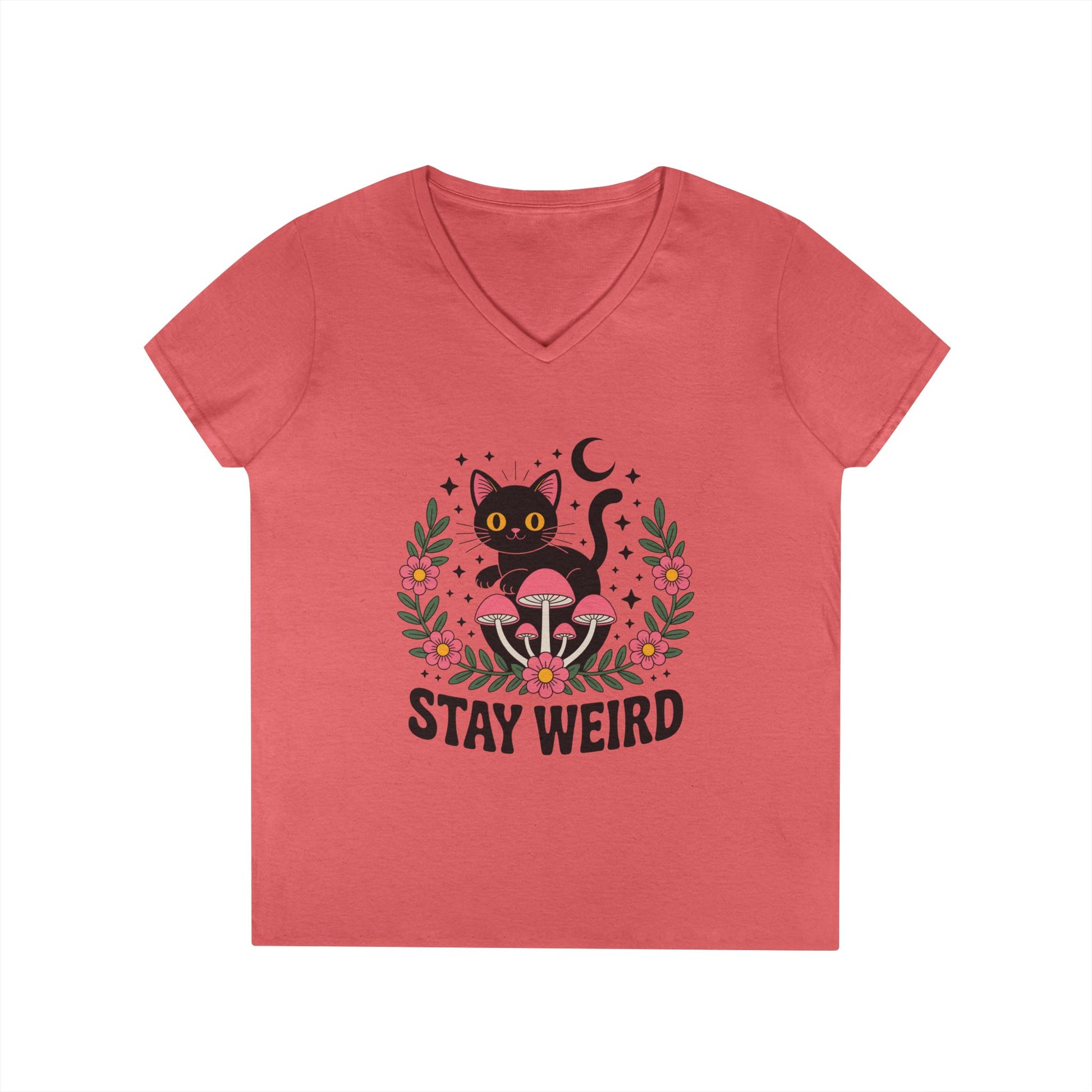 Stay Weird Black Cat V-Neck T-Shirt for Women | Playful Gothic Style | TEEZOCA 
