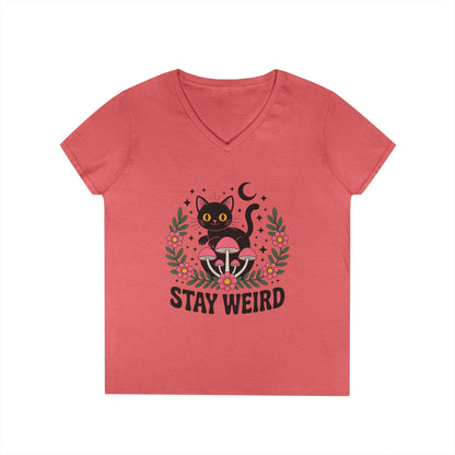 Stay Weird Black Cat V-Neck T-Shirt for Women | Playful Gothic Style | TEEZOCA 